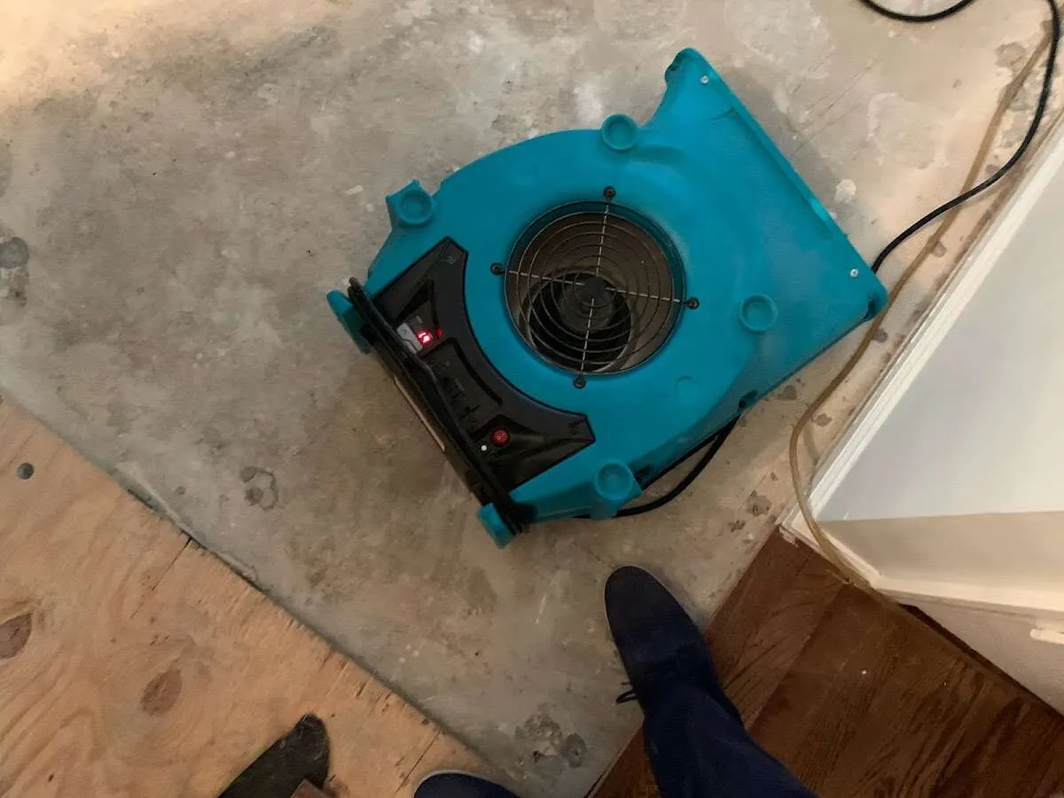 Air mover drying subfloor during Leak Detection & Repair in Potomac